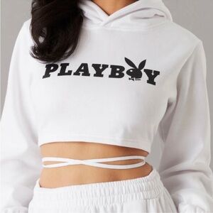 PLAYBOY White Cropped Hoodie with Black Logo